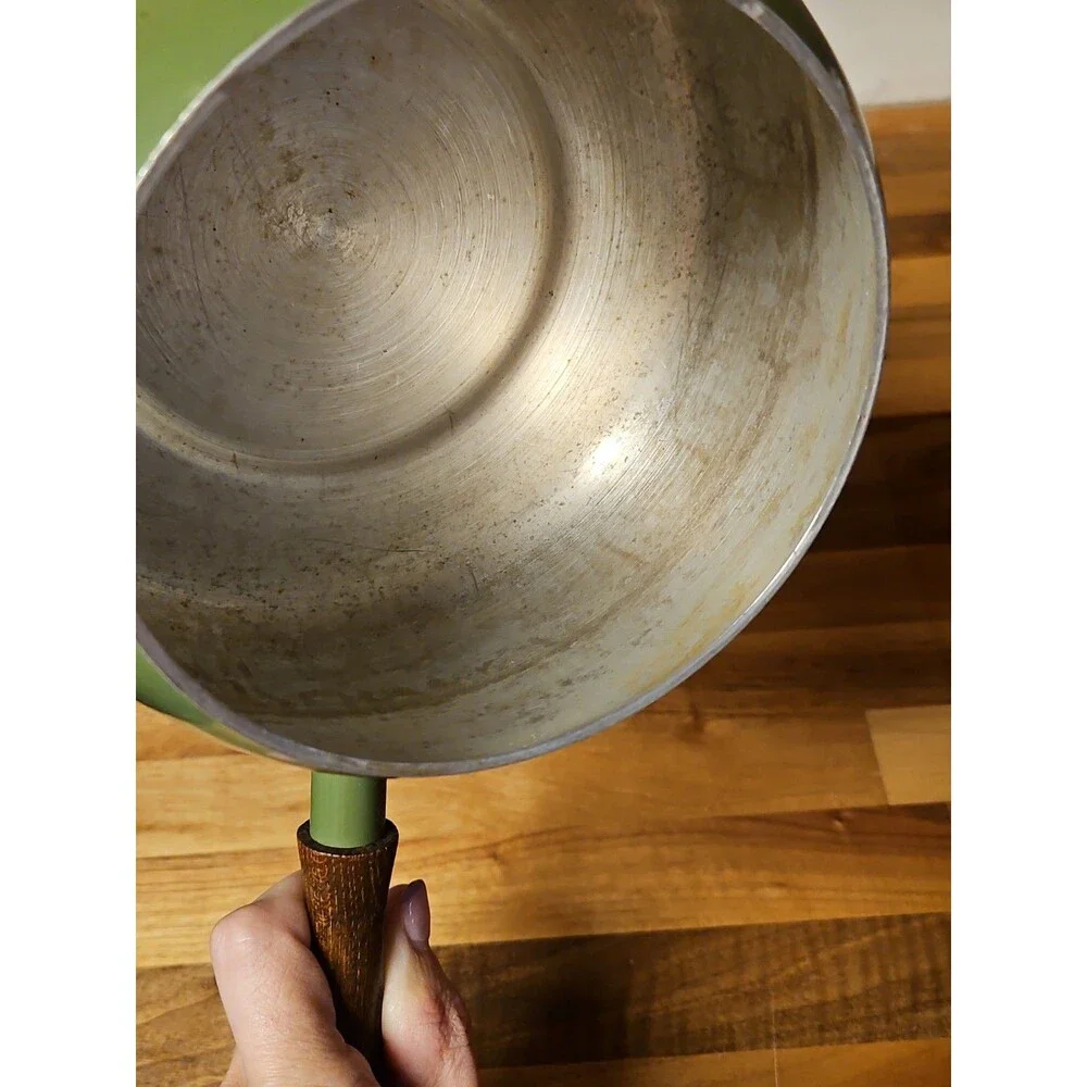 Vintage Green Enamel Fondue Pot Saucepan Floral MCM Boho Wood Handle 1970s